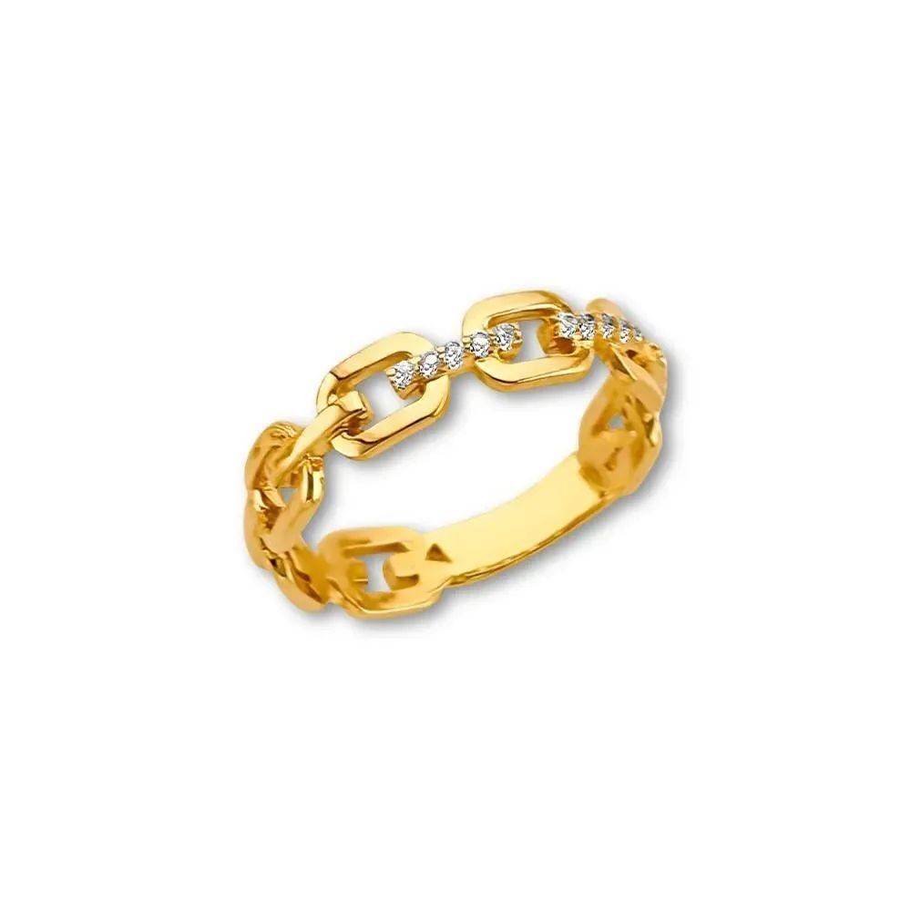 14K Gold Link CZ Ring | Yellow Gold Chain Style Band By Tehrani Jewelry